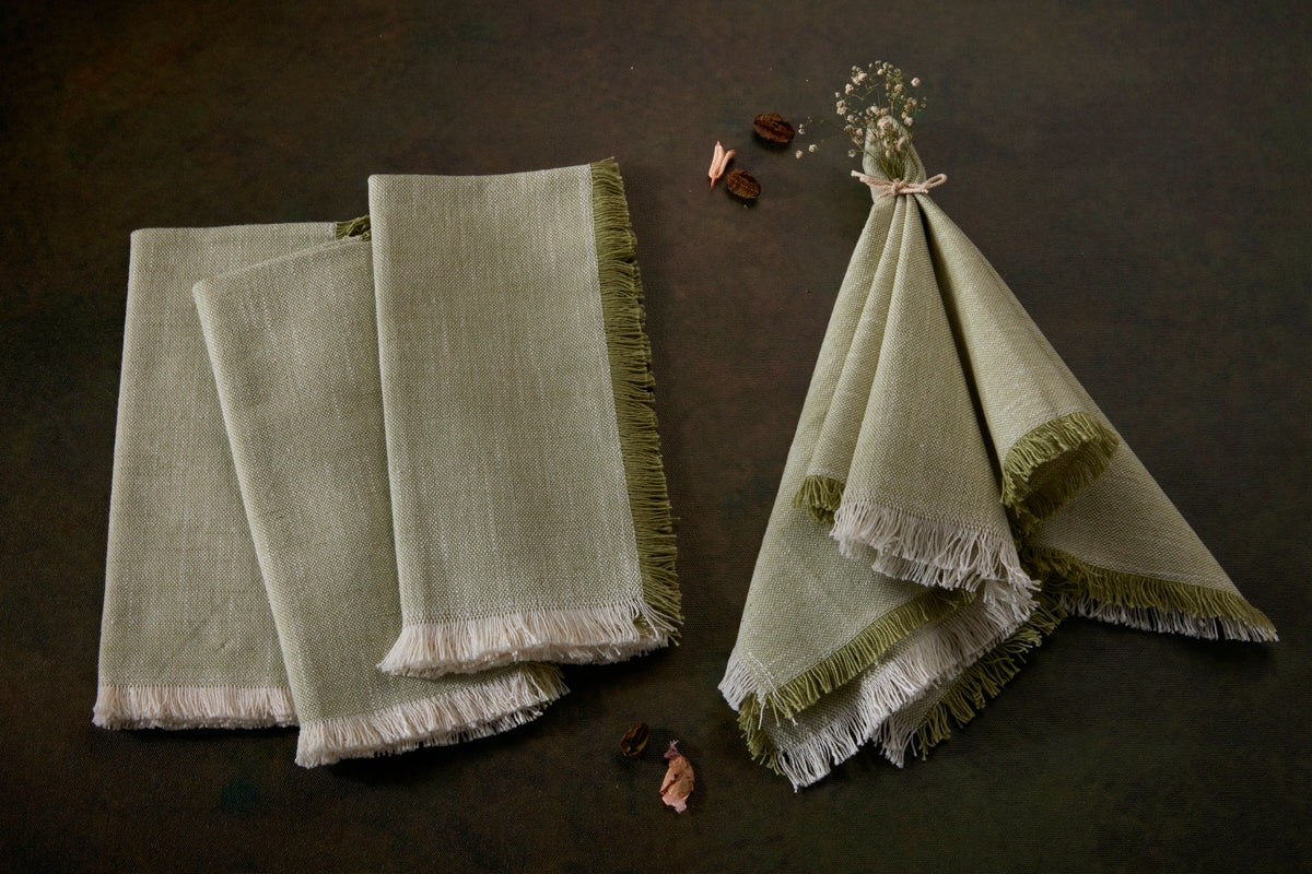 Cotton Fringe Napkins - Set of 4- 100% Cotton - Green